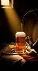 Mug of fresh light beer on the background of wooden barrels with wheat and window. Vertical template for advertising a brewery, beer festivals and International Beer Day with space for text