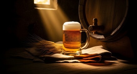 Mug of fresh light beer on the background of wooden barrels with wheat and window. Banner template for advertising a brewery, beer festivals and International Beer Day with space for text