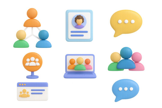 Colorful 3d icons of communication and networking elements with people and devices