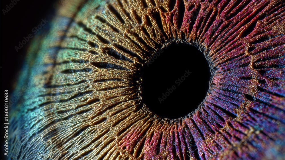 Poster intricate patterns of a biometric eye showcasing vibrant colors and fine details in close-up explora