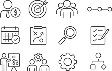 Business planning and strategy icons representing goal setting, teamwork, scheduling, and workflow management for effective project execution