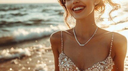 Stylish attractive slim smiling woman on beach in summer style fashion trend outfit