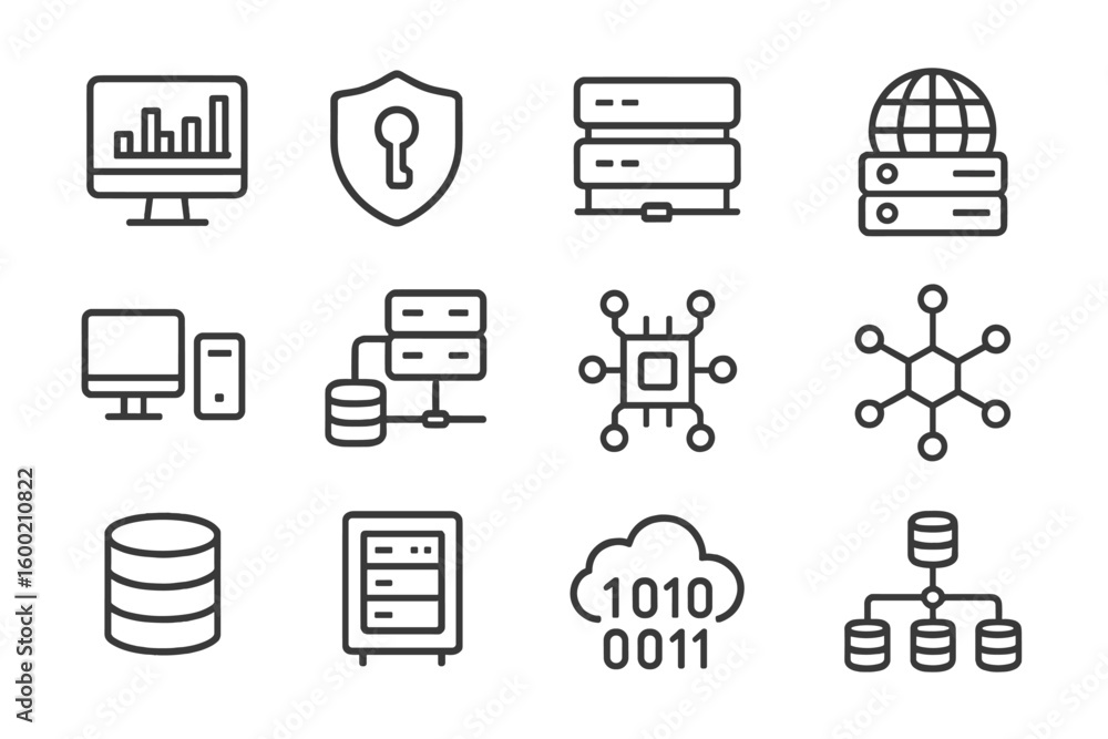 Poster modern digital technology icons illustrating data management and cybersecurity concepts in a clean l
