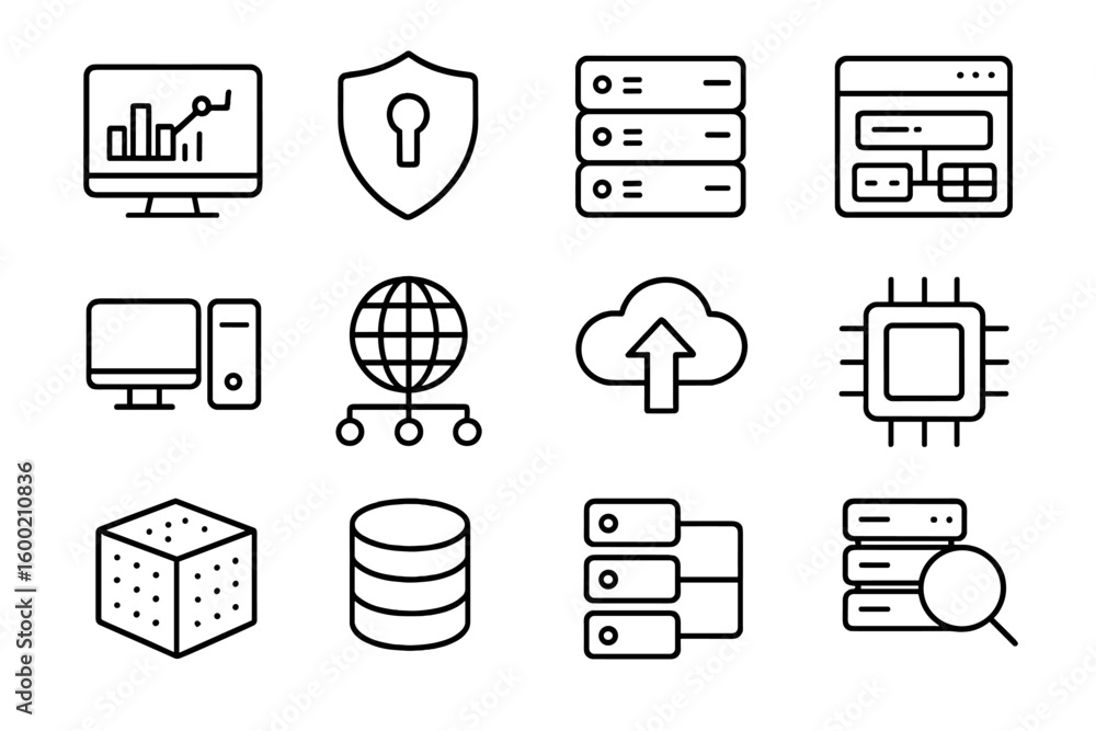 Poster various technology icons representing data security, cloud computing, and server management in a dig