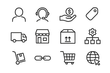 Icons representing e-commerce, logistics, customer service, and online shopping in a modern digital environment
