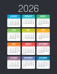 Year 2026 American colorful calendar on dark background, weeks start Sunday, USA vacations, vector template in English