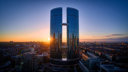Modern Glass Towers Reflecting Sunset Sky Over Cityscape skyscraper modern architecture