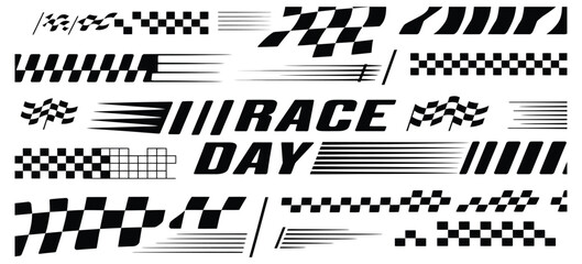 Racing car stripes set with checkered flag, finish line, dynamic lines, and motocross labels for motorsport and automotive competition designs