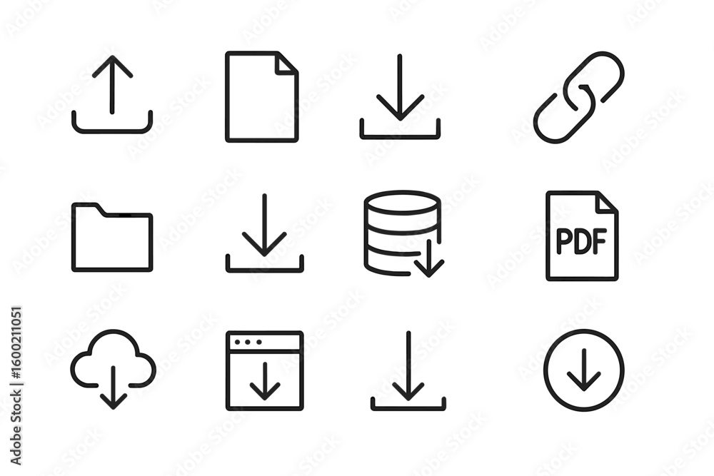 Poster collection of download and upload icons suitable for web and application design in simple line art s