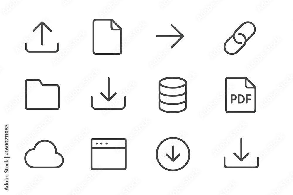 Poster icons representing file transfer and data management activities in a modern digital interface