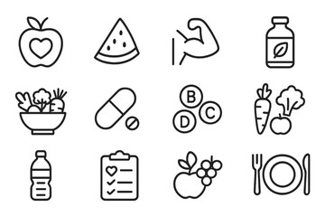 Health and nutrition icons representing balanced diet and wellness lifestyle choices