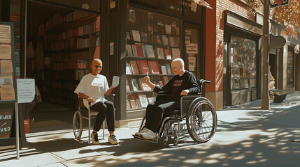 Obraz premium On a sunny afternoon, two friends enjoy each other's company outside a bustling bookstore