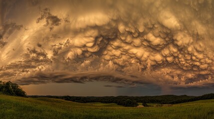 Obraz premium Dramatic golden hour sky with vibrant sunset hues blending into dynamic cloud formations, capturing nature's grandeur.