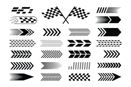 Racing car stripes set with checkered flag, finish line, dynamic lines, and motocross labels for motorsport and automotive competition designs