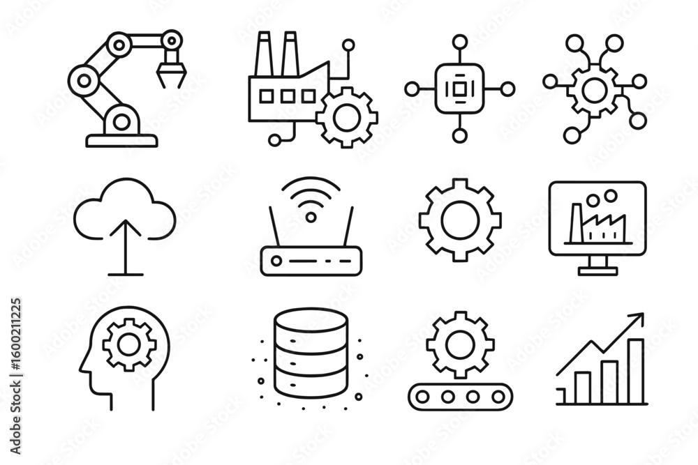 Poster technological icons illustrating automation, data processing, and connectivity in modern industries