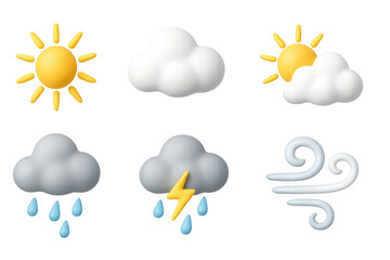 Colorful weather icons set with sun, clouds, rain, thunder, and wind - 3d style