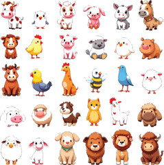 Naklejka premium A collection of 20 adorable cartoon farm animals, including cows, pigs, sheep, chickens, birds, dogs, cats, and a giraffe.