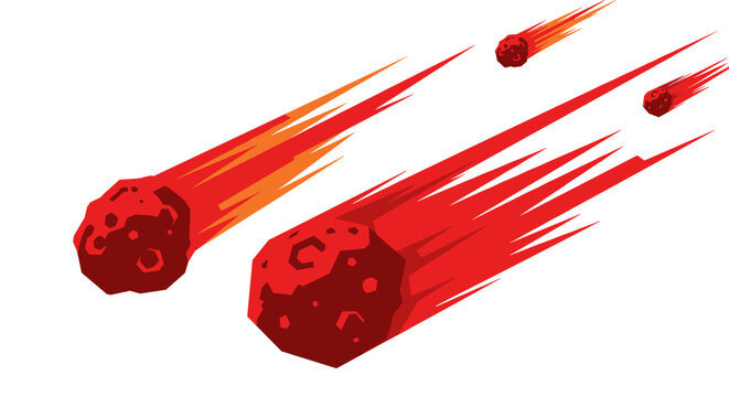 Bright red meteors with fiery trails on a white background