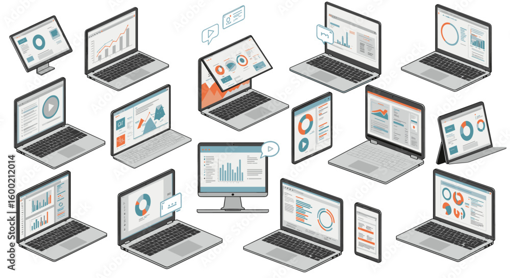 Poster isometric laptops with analytics and graphs displayed on screens for d