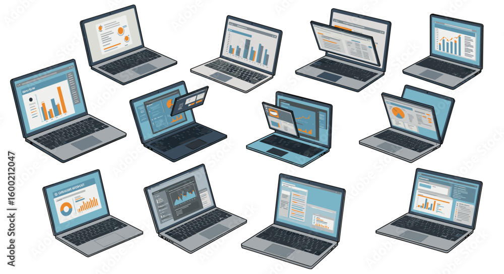 Poster collection of isometric laptops displaying data and analytics on scree