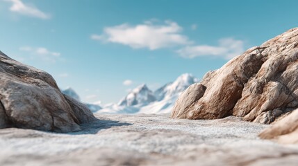 Minimal natural landscape featuring alpine tundra with clear sky reflection on icy ground, wide open space with soft natural light, blurred background elements like distant mountains or ocean