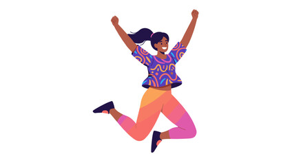 Joyful woman in colorful attire jumping against white background