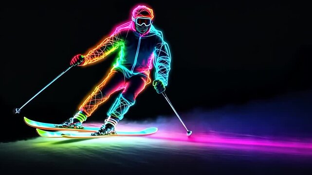 Man skiing with neon effect. Speed of movement.	