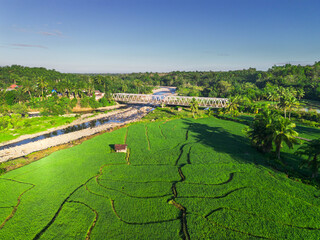 Naklejka premium Beautiful morning view indonesia panorama landscape paddy fields with beauty color and sky natural light