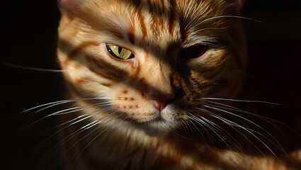 Orange tabby cat face with striking yellow eyes and dark shadows feline ginger