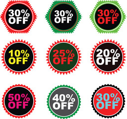 Collection of nine circular discount sale tags with different percentages off isolated on white background