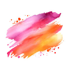 Vibrant watercolor brushstroke in a warm gradient of pink, orange, and yellow, with playful splatters for an artistic touch