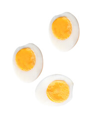 Top view set of cooked or boiled chicken eggs with egg yolk in three halves isolated on white background with clipping path