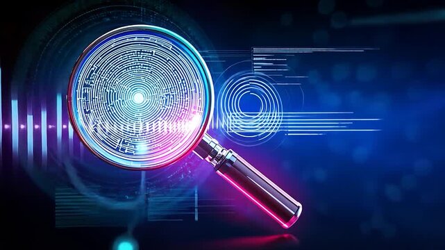 Neon magnifying glass highlighting digital technology against a dark background	