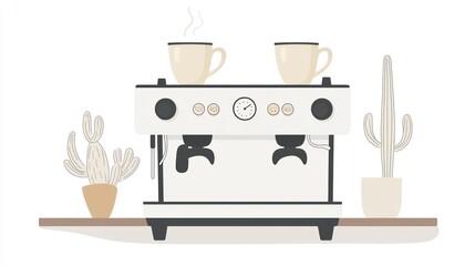 A white coffee machine with two cups of coffee and a cactus.