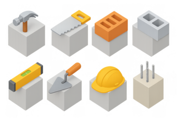Isometric construction tools and materials set on cubes