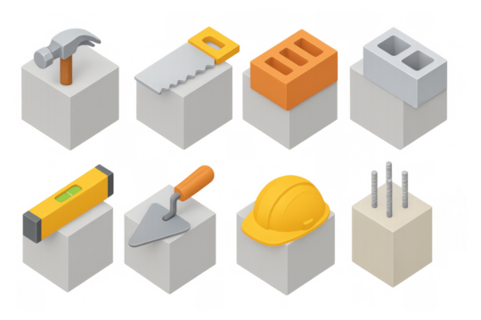 Isometric construction tools and materials set on cubes