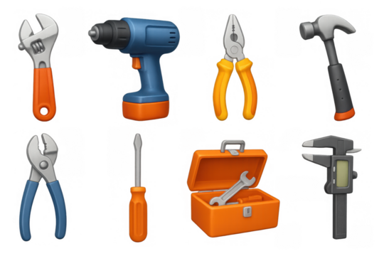 3d colorful toolset collection featuring drill and toolbox