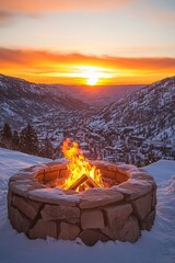 Stone fire pit blazing on a snowy mountain ridge at sunset, a perfect retreat for warmth and scenic outdoor adventure.
