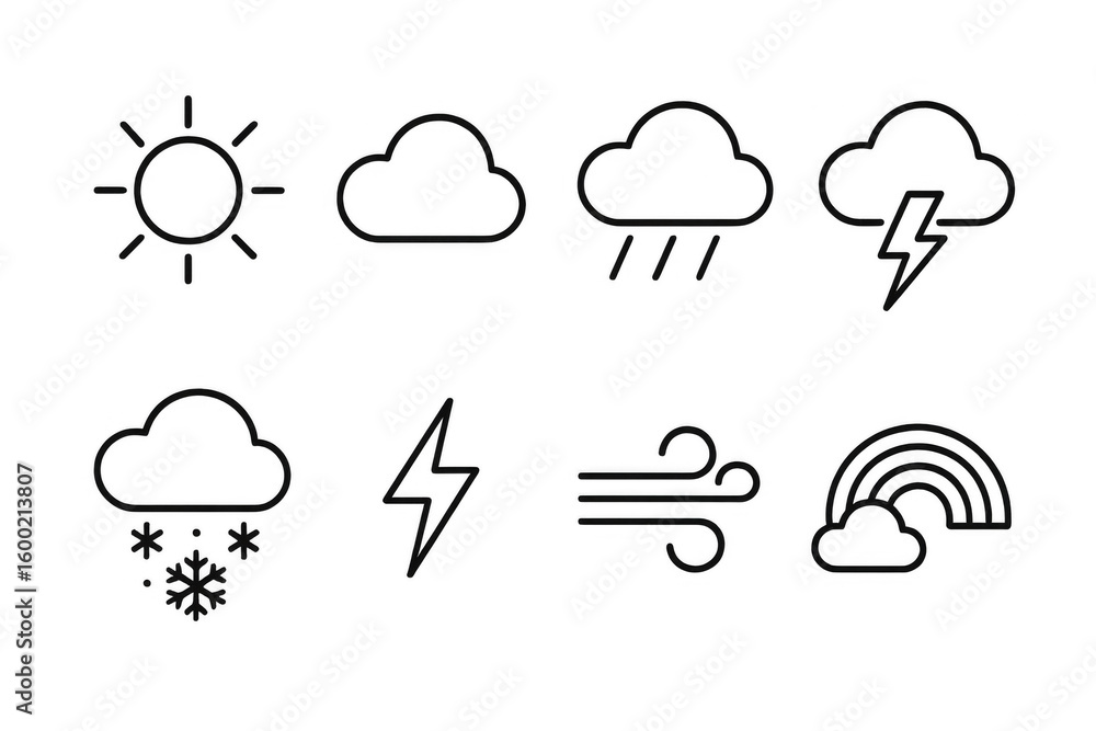 Poster simple linear weather icons set featuring various atmospheric conditions