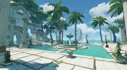 Picturesque, ancient courtyard with a pool and fountain.