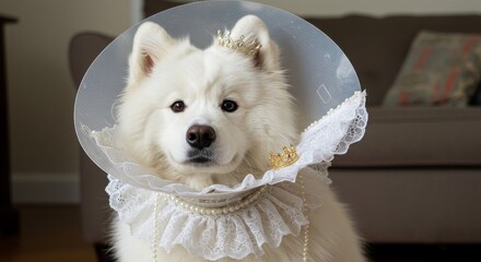 Elegant samoyed with protective cone collar adorned with lace and a crown is posing indoors