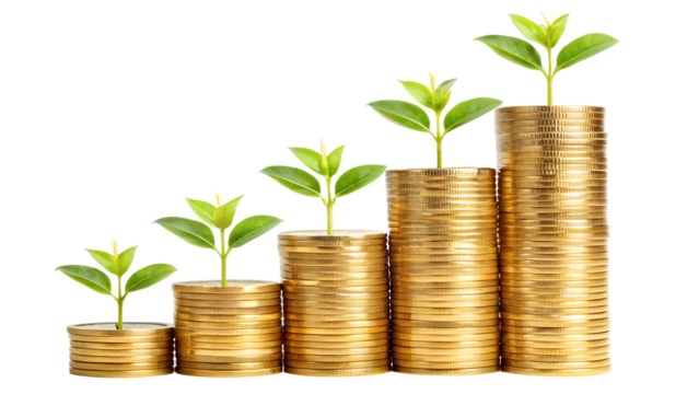Five stacks of gold coins arranged in ascending order with small green plants growing from the top symbolizing financial growth isolated on transparent background