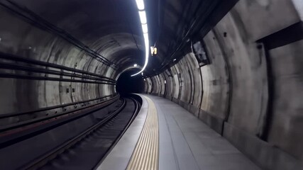 POV Journey Through an Underground Metro Tunnel Past a Blank Chroma Key Billboard