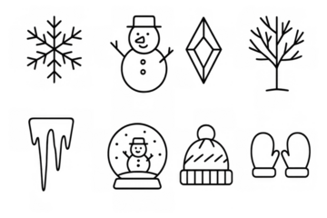 Winter holiday icons: snowman, snowflake, and cozy winter essentials