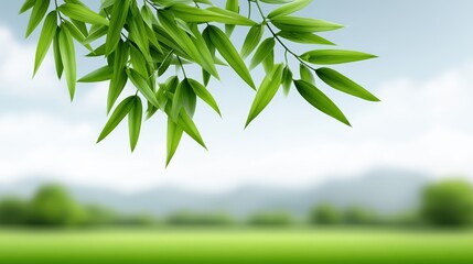 Obraz premium Minimal natural landscape featuring bamboo grove entrance with soft light and distant hills, wide open space with soft natural light, blurred background elements like distant mountains or ocean