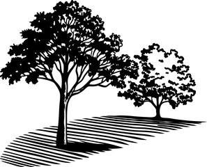 Silhouette trees with shadow on grassy landscape, black isolated nature scene, summer foliage illustration