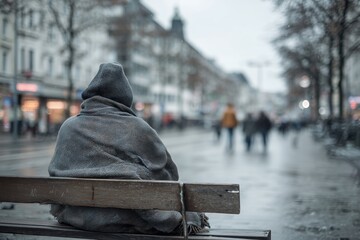 Homeless person wrapped in blanket sitting alone on bench during snowfall in cold winter city, highlighting urban poverty and social isolation