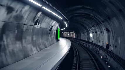 High-Speed Journey Through a Futuristic Subway Tunnel Featuring a Blank Green Screen Advertising Billboard