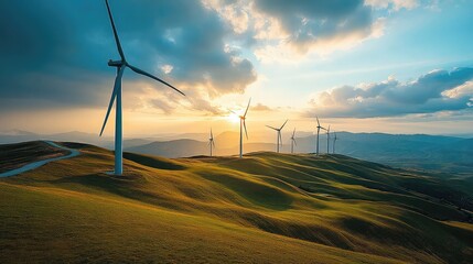 Wind power solutions with wind turbines spinning across vast landscapes generating clean energy while supporting eco-friendly infrastructure and reducing carbon emissions globally.