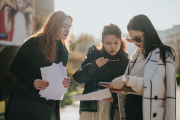 A group of three women standing together outdoors, reviewing papers and engaging in a discussion....